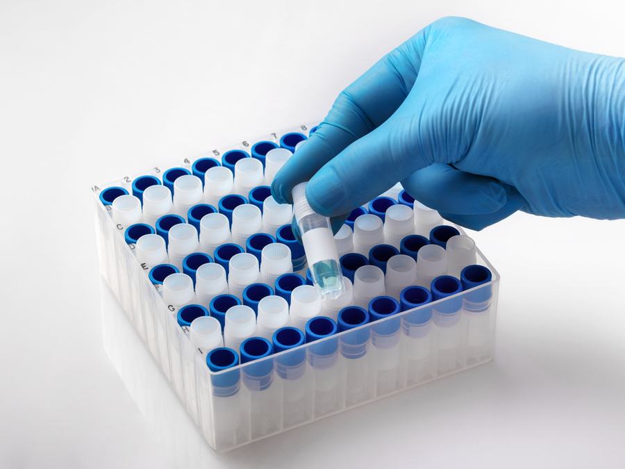 Racked sample tubes being handled in the lab